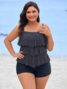 Swim Lushoire Plus Size Women 2pcs Set Striped Print Push-Up Adjustable Strap Casual Vacation Beach Tank Style Swimwear - Black and White - View 3