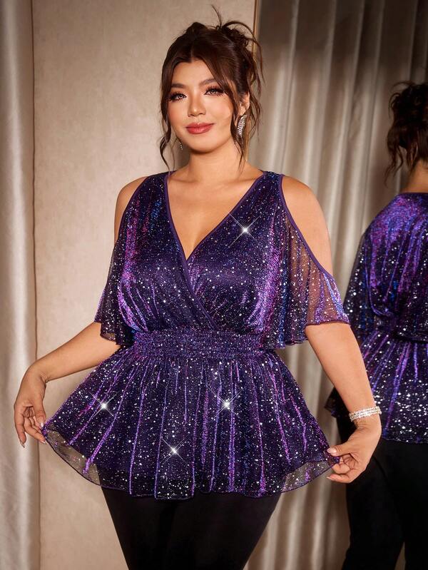 Cravure Baju Penutup Bahu Terbuka Berbahan Chiffon Motif Bintang Ungu Tua Ukuran Plus untuk Wanita, Kerah V Silang, Lengan Bergelombang, Pinggang Elastis, Bahan Jala, Cocok untuk Pesta Ulang Tahun, Tahun Baru, Klub Malam, dan Acara Dansa, Memberikan Suasana yang Melangsingkan