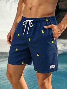 VIVINTIMO Plus Size Men's Cartoon Duck Print Slant Pocket Beach Shorts, Holiday - Navy Blue - View 7