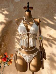 Femesol Women's White Textured Shell Knot Halter Tankini,Boho Summer Bikini Set,Fringe Bathing Suit,Suitable For Holiday,Beach Vacation,Pool Party,Western - Beige - View 2