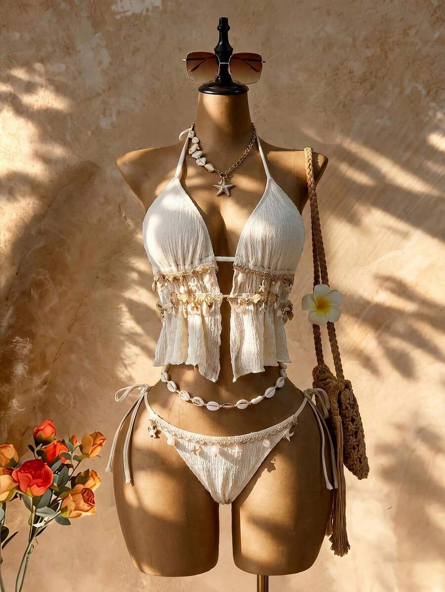 Femesol Women's White Textured Shell Knot Halter Tankini,Boho Summer Bikini Set,Fringe Bathing Suit,Suitable For Holiday,Beach Vacation,Pool Party,Western