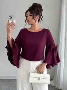 Elenzga Plus Size Women's Summer Autumn Ruffle Sleeve Scalloped Bow Casual Commute Blouse - Burgundy - View 1