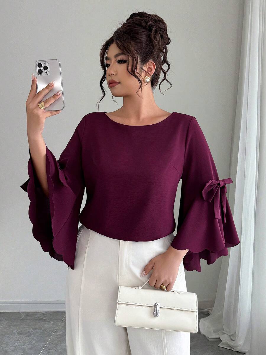 Elenzga Plus Size Women's Summer Autumn Ruffle Sleeve Scalloped Bow Casual Commute Blouse - Burgundy - View 1