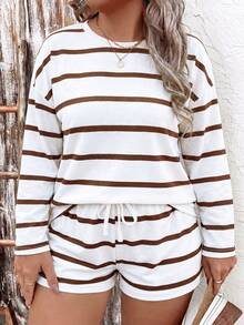 SHEIN LUNE Women's Autumn/Winter New Hot-Selling Striped Pattern Casual Versatile Plus Size 2 Pieces Set Fall - Multicolor - View 6