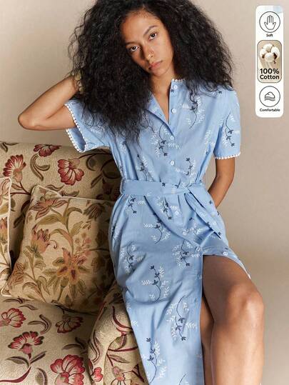 SHEIN Fashionable Elegant Commuter Women's Dress White Lace Patchwork Collar Button-Down Shirt Style Cinched Ruched Long Comfortable Soft Cotton Fabric Dress Commuter Formal Luxury Home Daily Versatile Dress Blue Dress