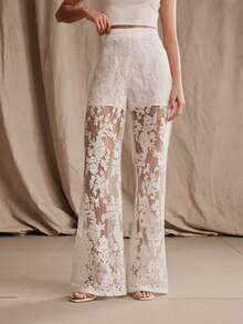 Anewsta Custom White Floral Embroidered Sheer Elegant Romantic Casual Urban Women's Lightweight Blazer Flared Pants Set, Spring/Summer Wedding Party Night - Beige - View 6