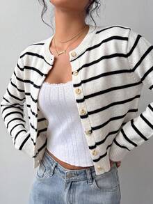 SHEIN BASICS 女款休閒法式長袖開襟衫，秋冬服飾，條紋黑白格紋，開學季日常早午餐日穿款 - 黑與白 - 查看 3