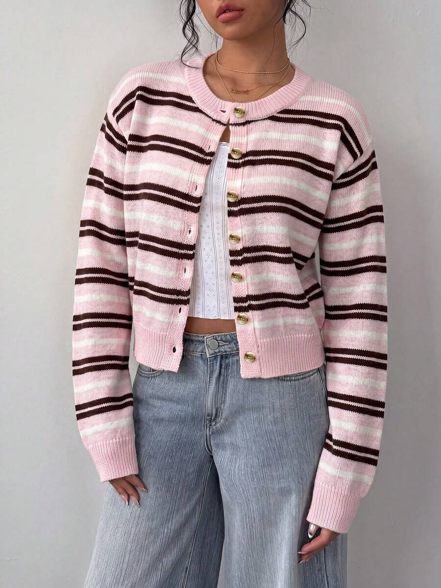 SHEIN BASICS 女款休閒條紋開襟衫,秋冬款 - 彩色 - 查看 1