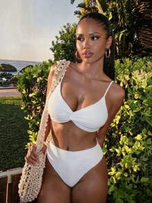 Swim Basics Women Summer Beach Solid Simple Daily Twist Bikini Set - White - View 6