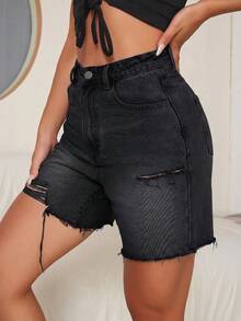 SHEIN EZwear 女款休閒牛仔短褲，附口袋，磨損破舊與毛邊下擺設計 - 黑色 - View 5