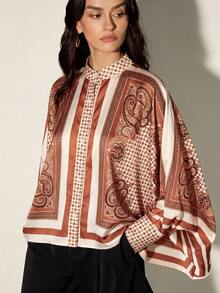 Frievida Women's Commuter Elegant Vintage Color Block Positioned Print Square Scarf Sleeve & Hem Design Long Sleeve Loose Vacation Style Shirt - Multicolor - View 1