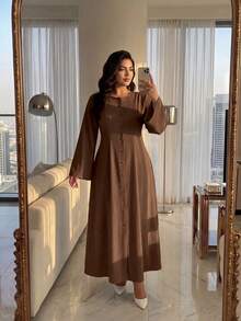 SHEIN Lady CURVE Plus Size Chocolate Brown Autumn Modest Tea Party Dress For Women,Elegant Bell Sleeve Button Front Flared Hem Retro Waist A-Line Casual Office Dress - Brown - View 7