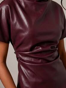 COSMINA Women's Autumn Fashion Solid Color Asymmetrical Hem T-Shirt - Elegant Burgundy, Suitable For Dinner Or Night Out, Burgundy PU, Autumn Top, PU Fabric Autumn - Burgundy - View 5