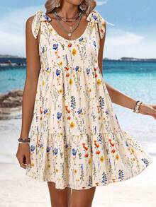 Swim Vcay Women Elegant Floral Tie-Knot Ruffle Hem Beach Vacation Dress,Summer Boho Holiday Beige,Casual Party Easter Countryside Work Outfit For Wedding,Club - Apricot - View 3