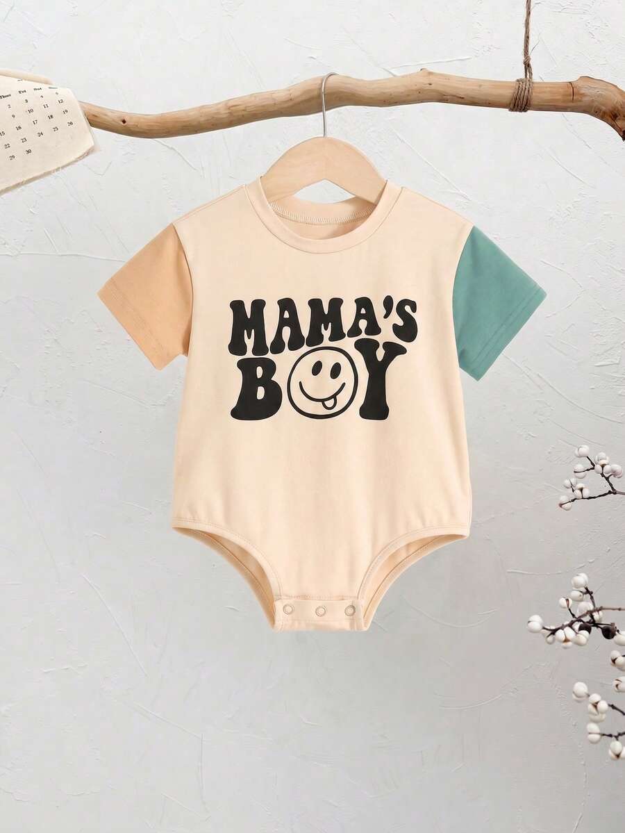 SHEIN 新生儿休闲可爱趣味简约字母印花短袖圆领连体衣,适合春夏穿着,室内外皆宜 - 杏色 - 查看 1