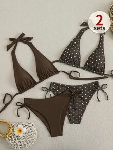 Swim Vcay Set Bikini Wanita Motif Cokelat dan Polkadot - Coffee Brown - View 7