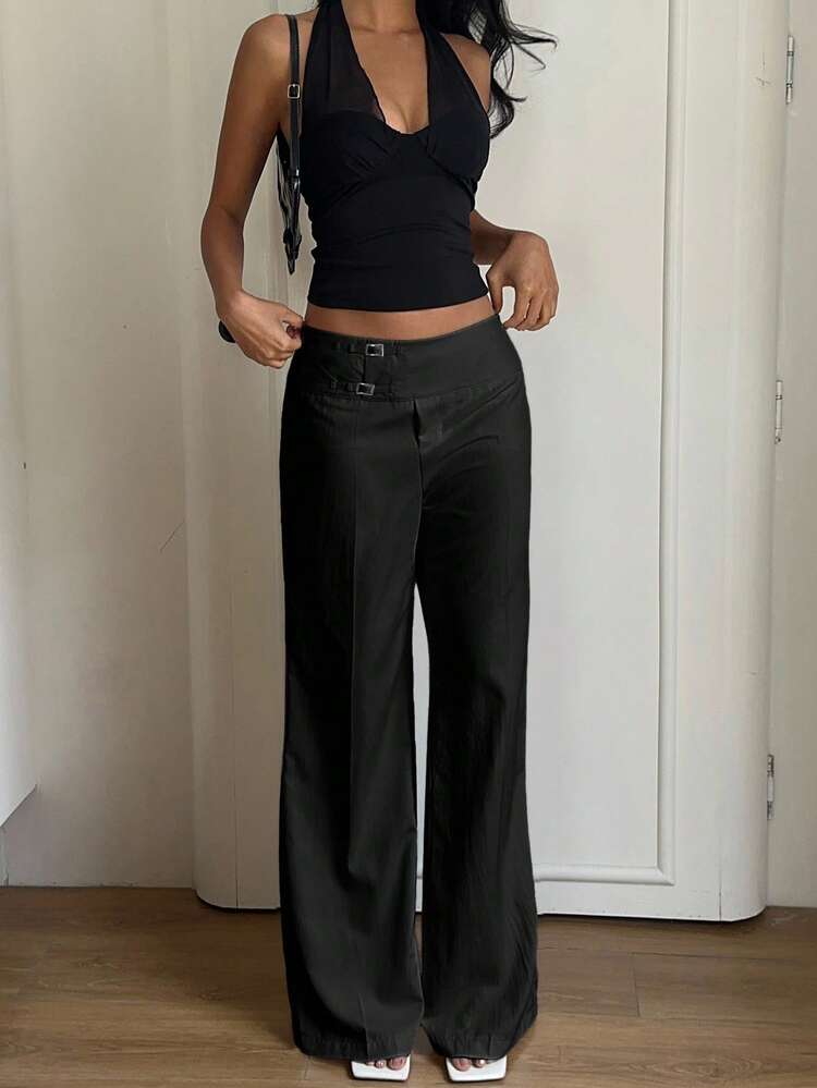 SHEIN EZwear 女款時尚百搭休閒優雅高質感黑色高腰寬腿長褲，工裝褲，適合晚餐、餐廳、辦公室、秋季 - 黑色 - 查看 4