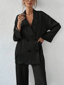 Aveloria Modichic Women Fall Textured 2 Pieces Set Button Down Shirt Wide Leg Pants Business Casual - Black - View 4