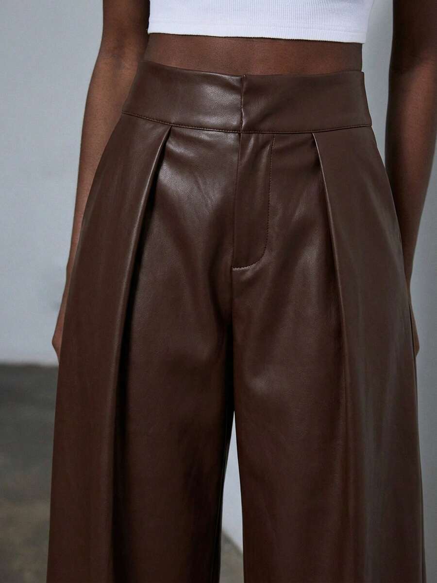 Aveloria Modichic Women's PU Leather Pleated Fashion Versatile Daily Casual Long Pants - Brown - View 1