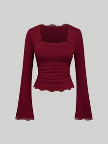 Sweetra Fashion Square Neck Contrast Lace Flared Long Sleeve Elastic Knit Top T-Shirt Fall - Multicolor - View 9