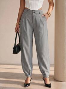 Structelle Women's Spring/Autumn Elegant Casual High-Waist Double-Button Pleated Straight-Leg Tapered Trousers - Black and White - View 4