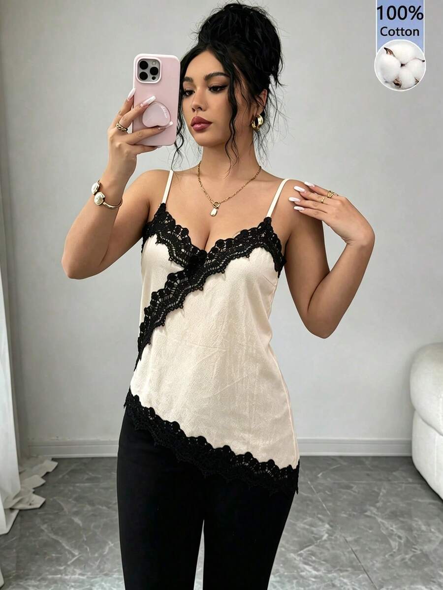 SHEIN Raffinéa 女款優雅法式蕾絲拼接不對稱下擺細肩帶背心 - 彩色 - 查看 1