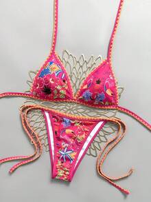 Swim Vcay Women's Summer Rose Pink Floral Print Halter Neck Sexy Beach Vacation Bikini 2-Piece Set - Multicolor - View 3