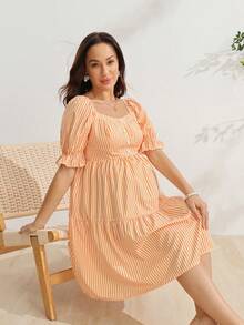 SHEIN 孕婦洋裝，荷葉邊飾邊、燈籠短袖、方領、前開鈕扣、花朵鈕扣、A字裙擺、黃色條紋數位印花 - 黃色 - 查看 7