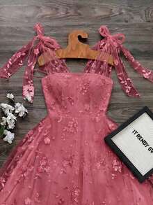 SHEIN Raffinéa 平口優雅蕾絲提花長洋裝 - 西瓜粉 - 查看 3