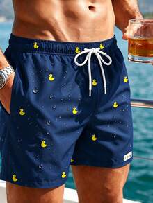 VIVINTIMO Plus Size Men's Cartoon Duck Print Slant Pocket Beach Shorts, Holiday - Navy Blue - View 3