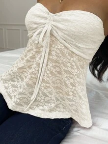 CovetEZ 女士无袖短款吊带背心，纹理面料，抽绳细节 - 杏色 - 查看 6
