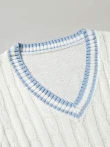 Manfinity Roghcode Chaleco de punto casual versátil con cuello en V y tejido de cable a rayas para hombre - Blanco - Ver 3