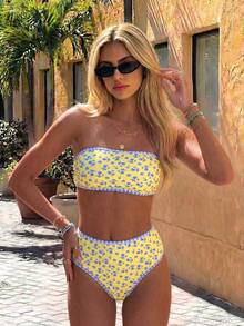 Bonvoyette Springbreak 女款海灘裝夏季套裝，新款 2 件組度假隨機印花平口上衣高腰比基尼泳褲分體比基尼套裝 - 彩色 - 查看 1