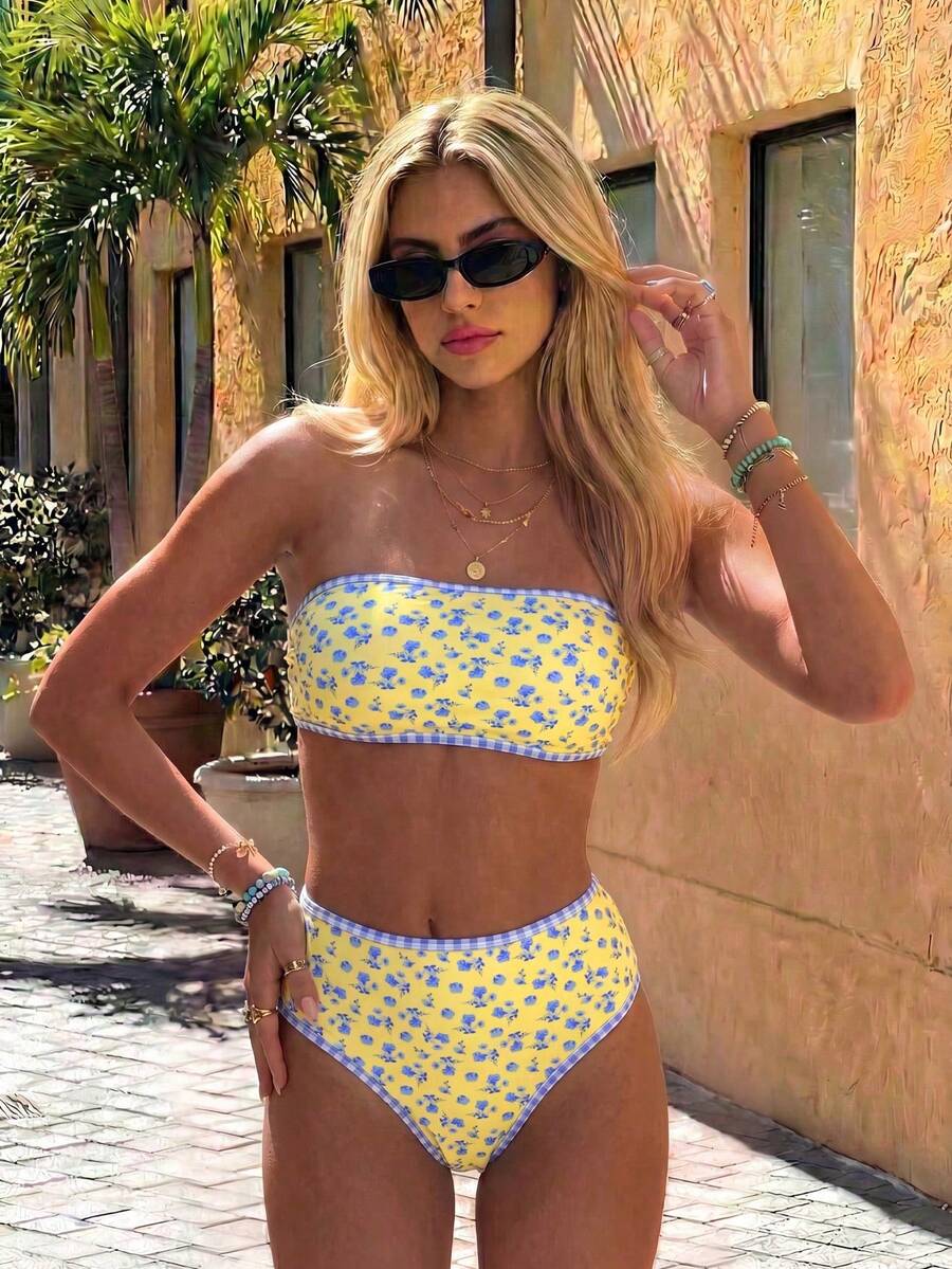 Bonvoyette Springbreak 女款海灘裝夏季套裝,新款 2 件組度假隨機印花平口上衣高腰比基尼泳褲分體比基尼套裝 - 彩色 - 查看 1