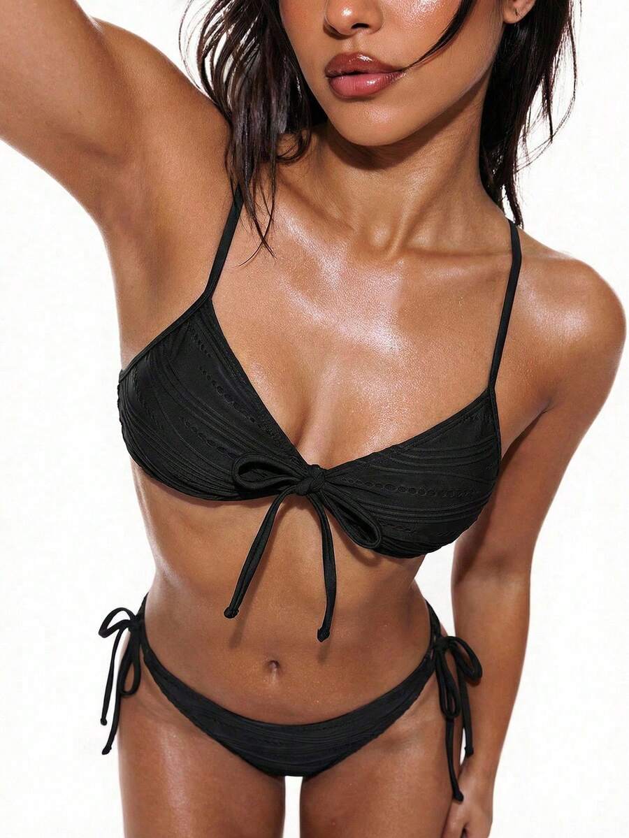 SHEIN Swim 2026春夏黑色特殊面料細肩帶鋼圈聚攏胸部蝴蝶結休閒度假風側抽繩綁帶高衩比基尼兩件套女款 - 黑色 - 查看 1