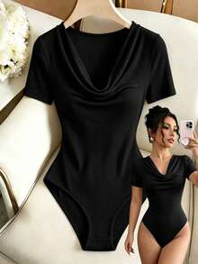 Selianne Bodysuit Feminino de Cor Sólida com Gola Cowl, Casual e Versátil para Uso Diário - Preto - Visão 2