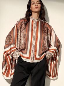 Frievida Women's Commuter Elegant Vintage Color Block Positioned Print Square Scarf Sleeve & Hem Design Long Sleeve Loose Vacation Style Shirt - Multicolor - View 8