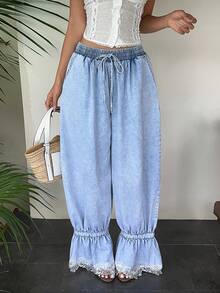Sunnyshic Jeans de mujer casual boho para vacaciones y salidas, con patchwork de encaje, cintura con cordón, azul claro, verano - Azul - Ver 1
