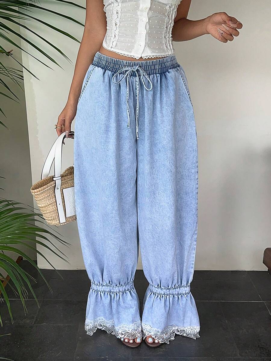 Sunnyshic Jeans de mujer casual boho para vacaciones y salidas, con patchwork de encaje, cintura con cordón, azul claro, verano - Azul - Ver 1