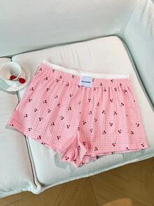 Napfluff CURVE Napfluff CURVE 2pcs Plus Size Women's Plaid Cherry Print Patchwork Shorts Set Night Light Blue Pink Summer - Multicolor - View 3