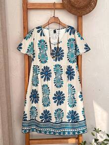 EMERY ROSE Plus Size Floral & Striped Print Casual Vacation Dress - Olive Green - View 7