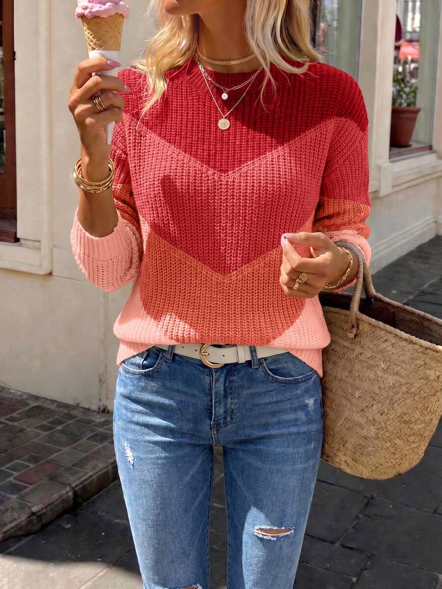 SHEIN PariChic 女款新款紅色4色拼接圓領簡約休閒優雅百搭套頭毛衣 - 彩色 - 查看 1
