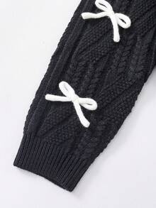 SHEIN Elladie kids Tween女孩黑色時尚休閒可愛舒適柔軟極簡百搭優雅3D蝴蝶結長袖短版針織開襟毛衣，適合日常穿著、外出、學校、玩耍、戶外、派對，秋冬款 - 黑色 - 查看 7