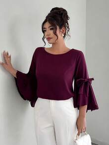 Elenzga Plus Size Women's Summer Autumn Ruffle Sleeve Scalloped Bow Casual Commute Blouse - Burgundy - View 3