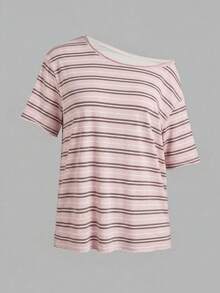SHEIN EZwear 女款 95% 棉粉色條紋露肩 T-shirt - 全身印花；夏季街頭風/軟妹風/居家 - 白色 - 查看 5