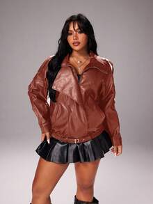 Rustia Plus Size Women's Premium Street Style Cool Autumn New Loose Versatile Fashion Motorcycle PU Leather Jacket Winter - Camel - View 7