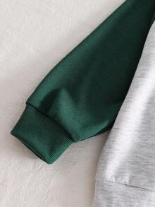 Conjunto de sudadera de cuello redondo con mangas raglán, bordado de letras, estilo minimalista coreano gris & bloques de color, con pantalones de chándal holgados a juego con bloques de color, para uso diario en primavera para niños - Verde - Ver 6