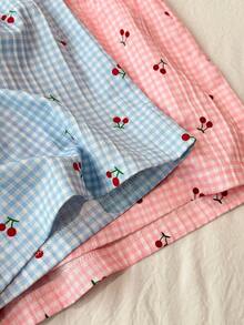 Napfluff CURVE Napfluff CURVE 2pcs Plus Size Women's Plaid Cherry Print Patchwork Shorts Set Night Light Blue Pink Summer - Multicolor - View 6