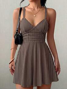 SHEIN Holidaya Women's V-Neck Knit Ruched Waist A-Line Sexy Elegant Spaghetti Strap Short Dress - Rust Brown - View 4