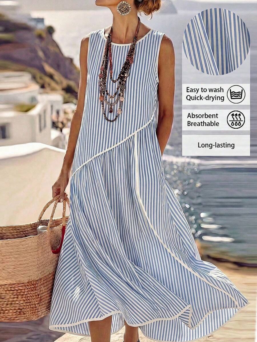 SHEIN Holidaya 女士时尚简约条纹口袋连衣裙，适合海滩旅行